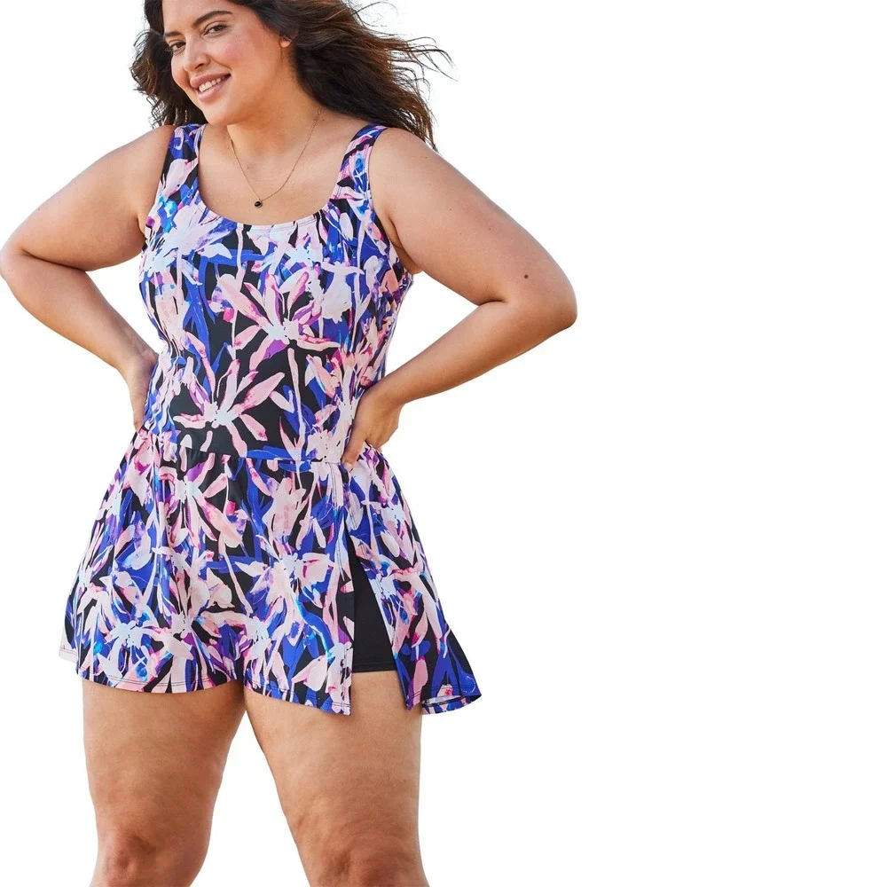 Swimsuits for All Womens Floral Side Slit Swim Dress 16 Plus Botanical Colorful